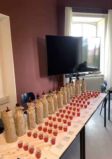 Anonymized wines, set up for tasting